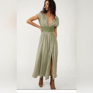 Free People Devon embroidered High Split Faux Wrap Goddess Maxi Dress